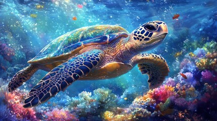 Obraz premium Vibrant sea turtle swimming amidst colorful coral reef.
