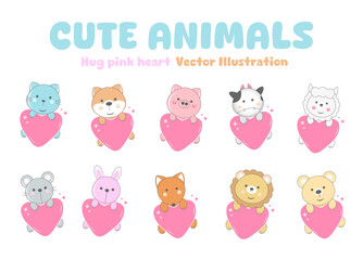 Obraz premium A cute cartoon set of animals including a bear, cat, pig, and teddy, with a fun and colorful design featuring pink heart, perfect for a baby or pet-themed illustration