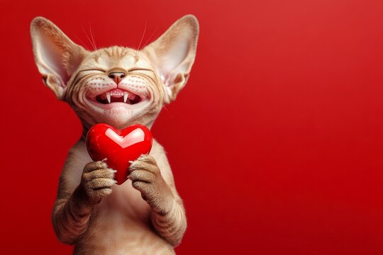 Cute oriental shorthair kitty with diamond red heart - emblem of love, funny greeting card. Marketing creative. Oriental shorthair - my preferred cat. Romantic animal wallpaper. Red heart cat.