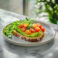 close-up of A plate with bread topped with mashed avocado, avocado paste, guacamole, microgreens and cherry tomatos, placed on a white plate	