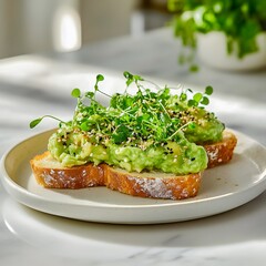 close-up of A plate with bread topped with mashed avocado, avocado paste, guacamole, microgreens, placed on a white plate