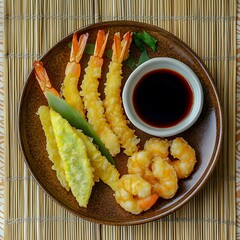 top view of a plate of tempura shrimps, served with dipping sauce, on a bamboo mat