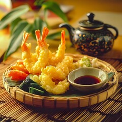 plate of tempura shrimps, served with dipping sauce, on a bamboo mat