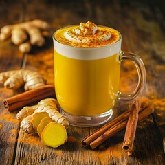 glass mug filled with golden turmeric drink, topped with a sprinkle of ground turmeric, surrounded by fresh turmeric root, cinnamon sticks, and a slice of ginger on a wooden table