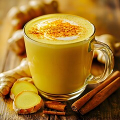 glass mug filled with golden turmeric drink, topped with a sprinkle of ground turmeric, surrounded by fresh turmeric root, cinnamon sticks, and a slice of ginger on a wooden table