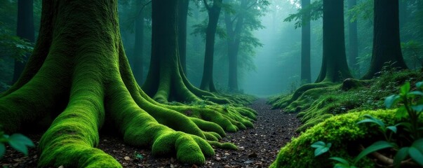 Misty green moss covering ancient tree trunks in a mysterious dark environment, forest, moss, mystical