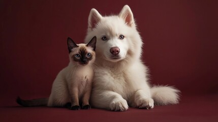 Obraz premium Fluffy white dog gently rests beside a small tan kitten against a rich burgundy background.. AI Generated