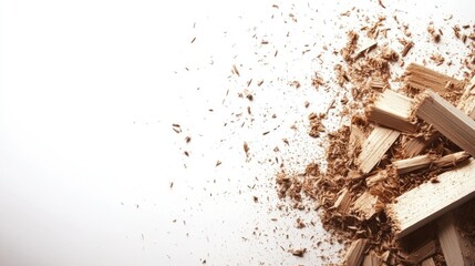 A Pile of Wood Shavings and Sawdust on a White Background Ideal for Woodworking, Carpentry, and Home Improvement Projects