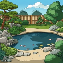 Serene Koi Pond Garden with Lush Greenery and Wooden Fence