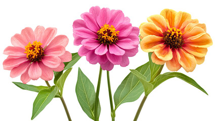 Trio of Zinnia Flowers: Three vibrant Zinnia flowers in shades of pink and orange, showcasing their delicate petals and lush green leaves, create a cheerful and lively floral arrangement.
