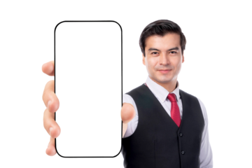 Asian businessman in formal attire presenting a blank smartphone screen for advertisement,mockup,design template ,technology and innovation concept isolated on a transparent background