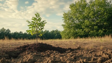 Obraz premium Growing Sapling Surrounded by Soil and Greenery Under a Cloudy Sky in a Natural Landscape, Symbolizing Hope and Environmental Sustainability Amidst Nature
