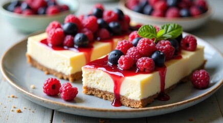 Three pieces of cheesecake with berries on a plate