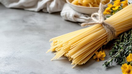 Delicious Plate of Freshly Cooked Pasta Surrounded by Vibrant Yellow Flowers Creating a Cheerful and Inviting Scene