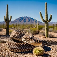 Western Diamondback Rattlesnake Resting by Saguaro Cacti in Desert Landscape