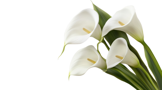 Elegant Calla Lilies: Four pristine white calla lilies, their elegant forms accentuated by vibrant green leaves, create a sophisticated and serene floral arrangement.