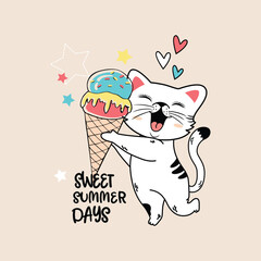 Cute cat vector illustration happily enjoying ice cream, a sweet treat it loves very much
