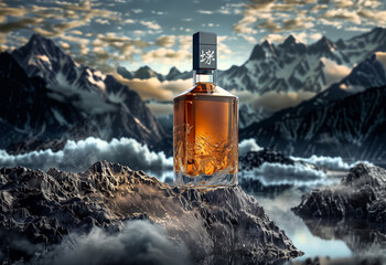 whiskey bottle surrounded by mountains