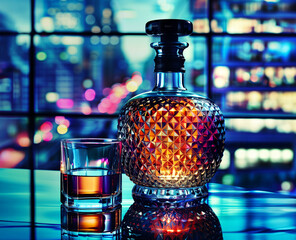 Luxurious whiskey bottle blurred geometric lights background blue light reflections on table