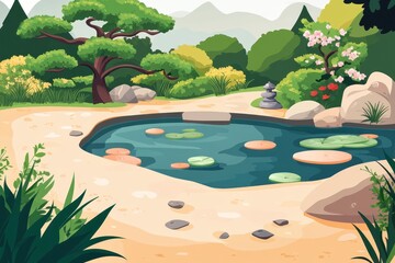 Serene Pond Garden Scene with Lush Greenery and Rocks