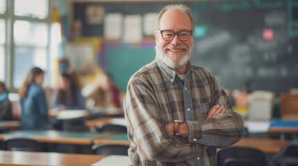 Fototapeta premium A male teacher stands confidently in a vibrant classroom, smiling warmly as he interacts with students engaged in various educational activities. The atmosphere is lively and welcoming