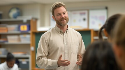 A male teacher actively engages with students in a classroom, fostering a positive learning atmosphere. The lesson focuses on collaboration and curiosity among eager learners