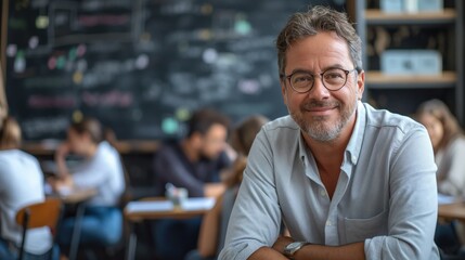 A male teacher smiles while sitting at a desk in a bustling classroom filled with students engaged in their work. The atmosphere reflects a focus on active learning and interaction