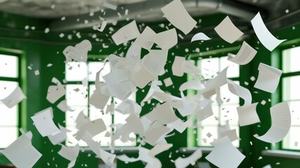Dynamic scattering of paper in a vibrant green office space symbolizes creativity and the chaos of brainstorming