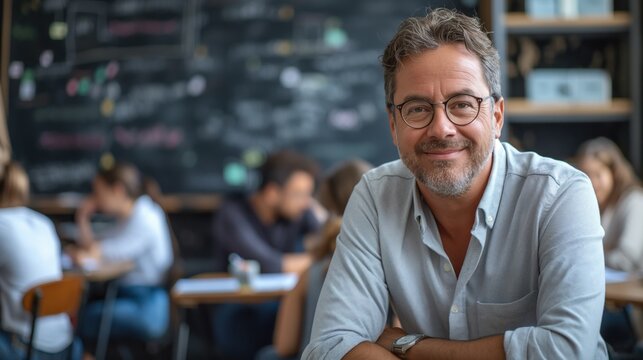 A male teacher smiles while sitting at a desk in a bustling classroom filled with students engaged in their work. The atmosphere reflects a focus on active learning and interaction