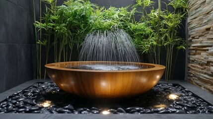 Serene wooden basin with water feature surrounded by bamboo plants.