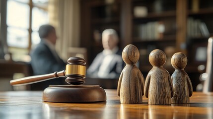 Wooden Family Figures Await Judge's Gavel Warm Light. AI Generated