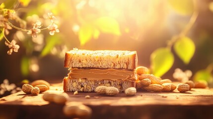 A Delicious Peanut Butter Sandwich Surrounded by Fresh Peanuts and Natural Elements, Perfectly Placed Against a Soft Dappled Light Background