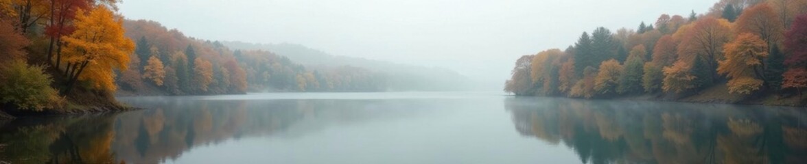 Fototapeta premium Misty lake in autumn with yellowing leaves and grey sky, lakes, gray sky