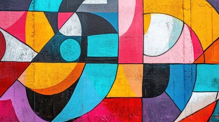Fototapeta premium Abstract geometric mural painted on a concrete wall with vibrant colors and shapes.