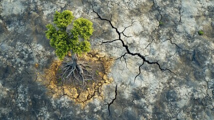 Resilient Tree Growing on Dry Cracked Ground Symbolizing Hope and Survival in Harsh Conditions, Representing the Struggles of Nature and Climate Change Crisis