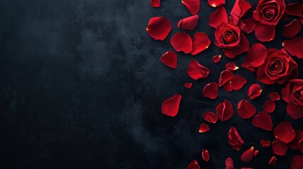 Elegant arrangement of red roses and petals on dark background