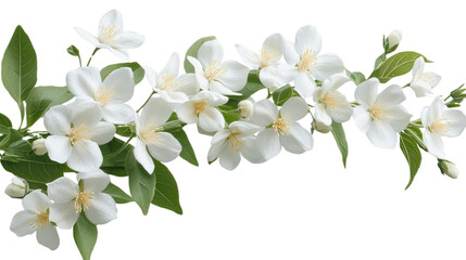 Naklejka premium Fragrant Jasmine Branch: Delicate white jasmine blossoms with vibrant green leaves, branching elegantly on an isolated background, evoking a sense of tranquility and purity.