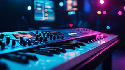Vibrant synth keyboard glows under cool blue pink light. AI Generated