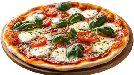 Classic Margherita Pizza: A mouthwatering close-up of a freshly baked Margherita pizza, featuring a crispy crust topped with a vibrant tomato sauce, melted mozzarella cheese, and fresh basil leaves.