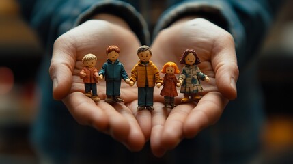 Loving Hands Gently Hold Miniature Family Warmly. AI Generated