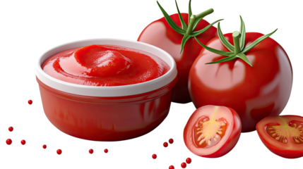 Tomato Ketchup and Fresh Tomatoes: A vibrant bowl of smooth tomato ketchup sits alongside two ripe, red tomatoes and several slices, with scattered peppercorns adding a touch of spice.