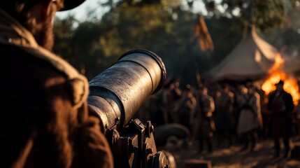 A soldier prepares to fire a cannon during a historical reenactment, the warm light of sunset illuminating the scene.  The background shows a bustling camp with soldiers and a bonfire.