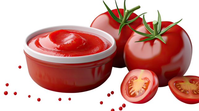 Tomato Ketchup and Fresh Tomatoes: A vibrant bowl of smooth tomato ketchup sits alongside two ripe, red tomatoes and several slices, with scattered peppercorns adding a touch of spice.