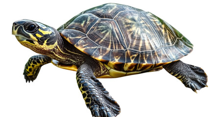 Obraz premium Striped Asian Turtle Close-Up: A detailed view of a striped Asian turtle, showcasing its intricate shell patterns and captivating gaze.&nbsp; The turtle's texture and colors are vividly displayed. 