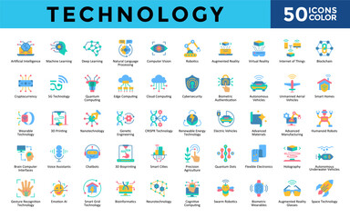 Technology icons set with artificial intelligence, machine learning, deep learning, natural language processing, computer vision, robotics, augmented reality icon. Simple color vector 
