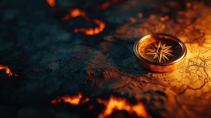 Antique compass resting on a glowing map