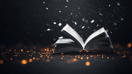 Enchanted book releasing magical particles in dark space