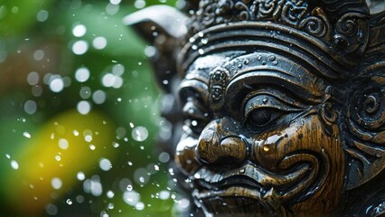 Fototapeta premium Water splashing on Balinese statue, garden background, cultural heritage