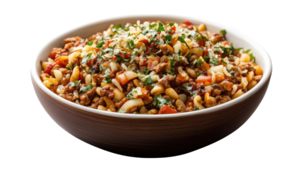 Hearty & Flavorful: A bowl of comforting and satisfying pasta, brimming with rich ground beef sauce, fresh tomatoes, grated cheese, and a sprinkle of parsley for added vibrancy.  