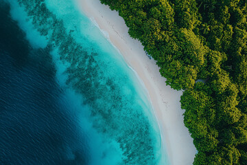 Aerial view of a pristine tropical beach with turquoise waters, lush greenery, and soft white sand